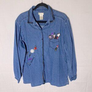 Vintage Bobbie Brooks Med Wash Denim Embroidered Button Up Top XL